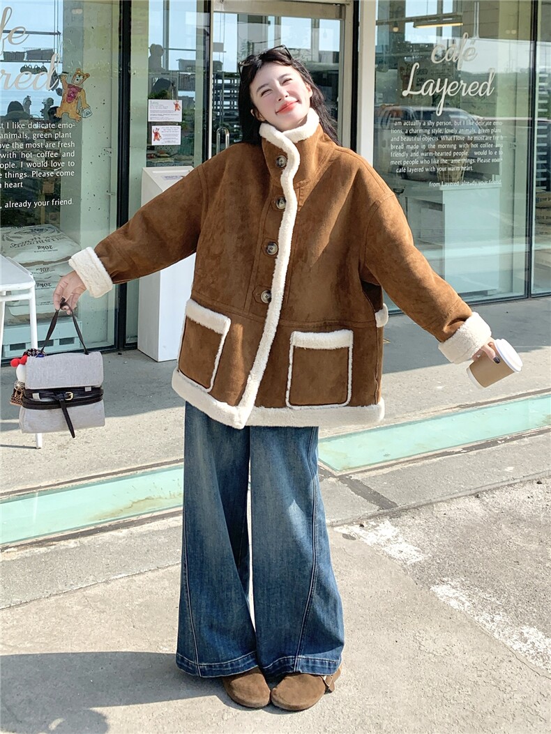 减龄两面穿咖色皮毛一体外套女冬季2025新款羊羔毛小个子加厚棉服,女装羊羔毛/颗粒绒,诺蝶