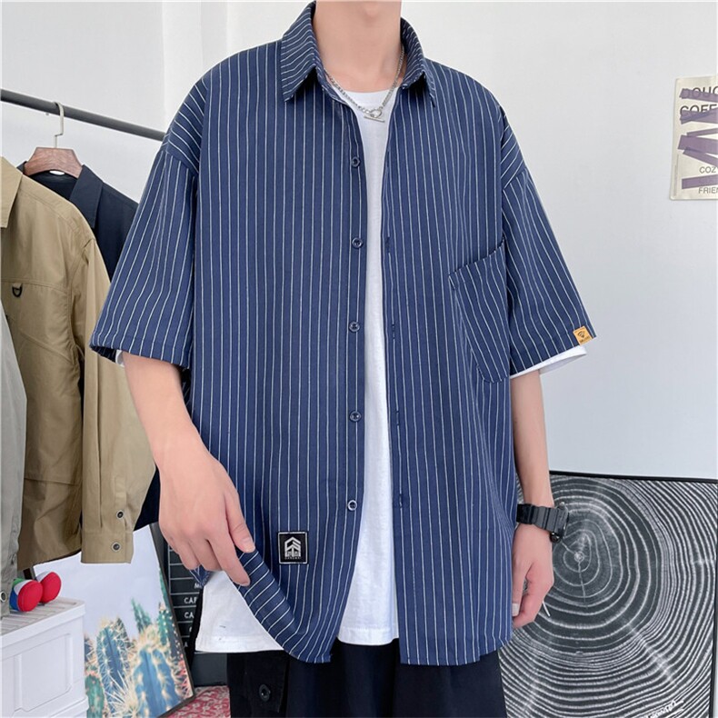 L韩版夏季竖条纹bf风短袖衬衫宽松休闲半袖衬衣外套男W2991-P28,男装衬衫,星座512-2
