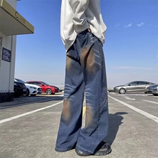 美式复古做旧水洗渐变牛仔裤男宽松休闲直筒阔腿长裤子，男装牛仔裤，星座410-7