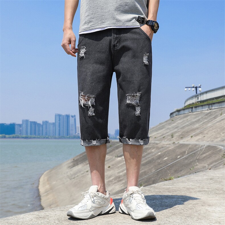 夏季薄款潮牌牛仔裤男韩版潮流直筒中裤宽松破洞七分裤潮8301-P50,男装牛仔裤,电商A318
