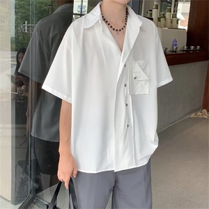 冰丝短袖衬衫男夏季薄款痞帅高级感垂感衬衣英伦雅痞风男装C681图片
