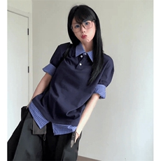 得物抖音高品质二开夏季美式潮牌高街假两件格子衬衣翻领短袖T恤，男装T恤，电商A486