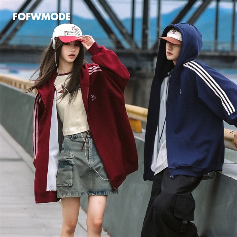 酒红色侧边三条杠连帽卫衣男女2025新款宽松情侣装重磅开衫外套,男装夹克,星座1210-1