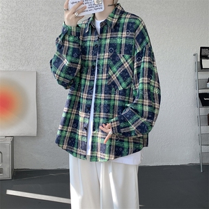 衬衫男秋季新款港风宽松大码磨毛格子扎染长袖衬衣CS507-P35图片