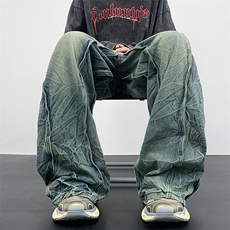 美式街头拼接牛仔裤男春秋直筒宽松高街vibe风长裤子NZ10-P60，男装牛仔裤，星座308B-2