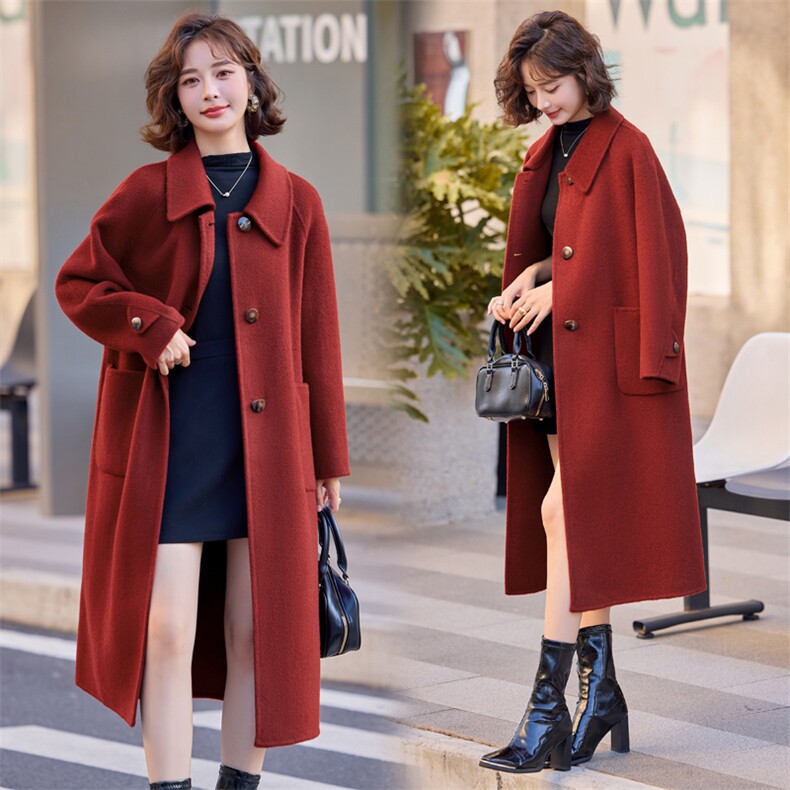 双面羊毛大衣女2025年秋冬新款气质百搭中长款显瘦100%羊毛外套,女装双面呢大衣,小荷流