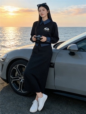 韩系高级时尚套装女春拼接色衣领衣袖设计绣花订珠卫衣半身裙套装，女装套装/套裙，江南