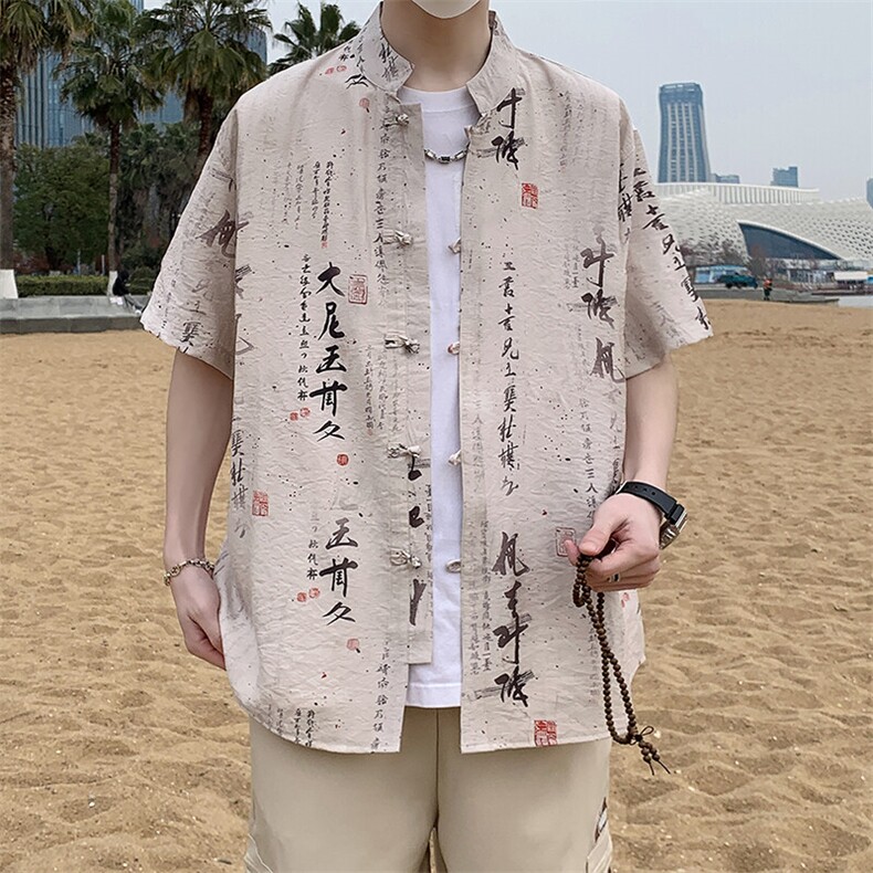 新中式夏威夷唐装花衬衫男风盘扣短袖衬衣7006P40,男装衬衫,电商A056