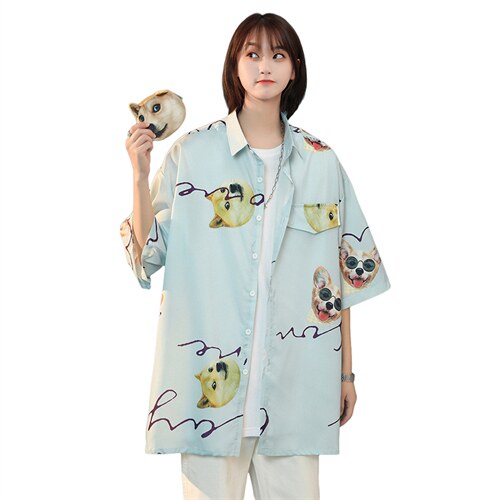 2024夏季新款动物图案情侣宽松百搭短袖衬衫 A158-CS610-P45控58，男装衬衫，电商A158-1