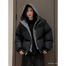 网图假两件PU皮棉服连帽拉链棉衣加厚保暖外套青少年冬季穿搭，男装棉衣，电商C307