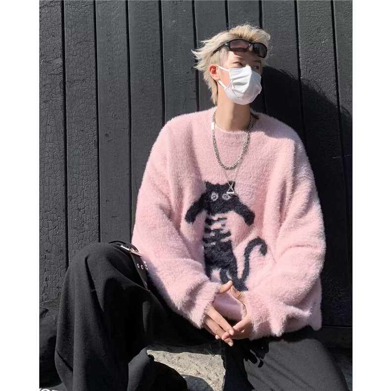 潮牌猫咪慵懒套头毛衣男2024秋冬宽松美式情侣针织衫上衣M03/P54,男装针织衫/毛衣,星座506