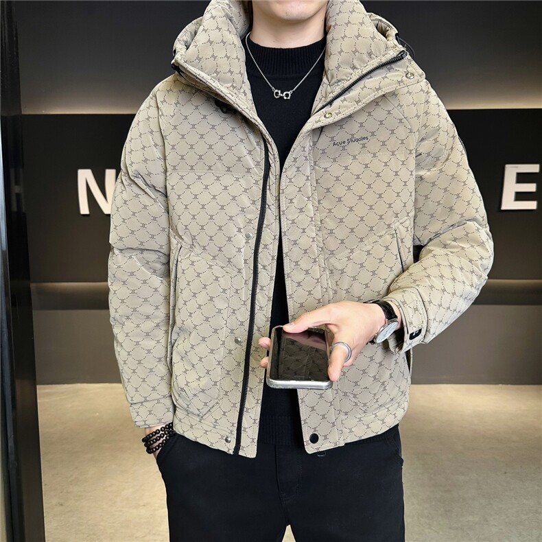 68828-M-4XL-P225-标50店主风男士休闲满印印花连帽皮质羽绒服,男装羽绒服,电商B255