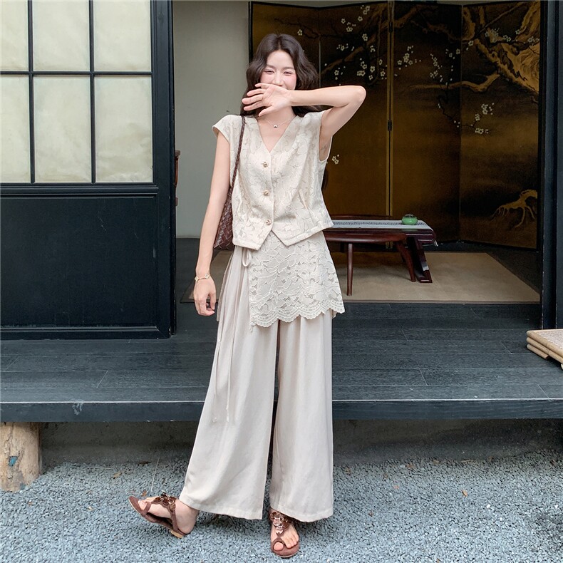 2026夏季新款轻熟老钱风V领马甲蕾丝拼接阔腿裤两件套套装,女装套装/套裙,流量+