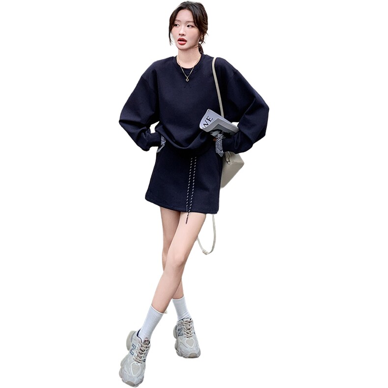 韩版时尚格纹拼接休闲卫衣套装女2025春秋季新款显瘦短裙子两件套,女装套装/套裙,C位