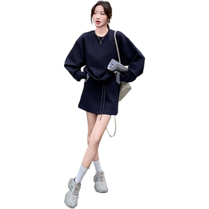 韩版时尚格纹拼接休闲卫衣套装女2025春秋季新款显瘦短裙子两件套图片