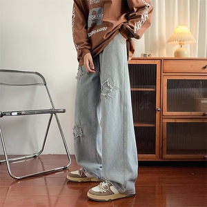 牛仔裤男欧美高街vibe风设计感小众秋冬宽松直筒阔腿裤N3231-P45图片