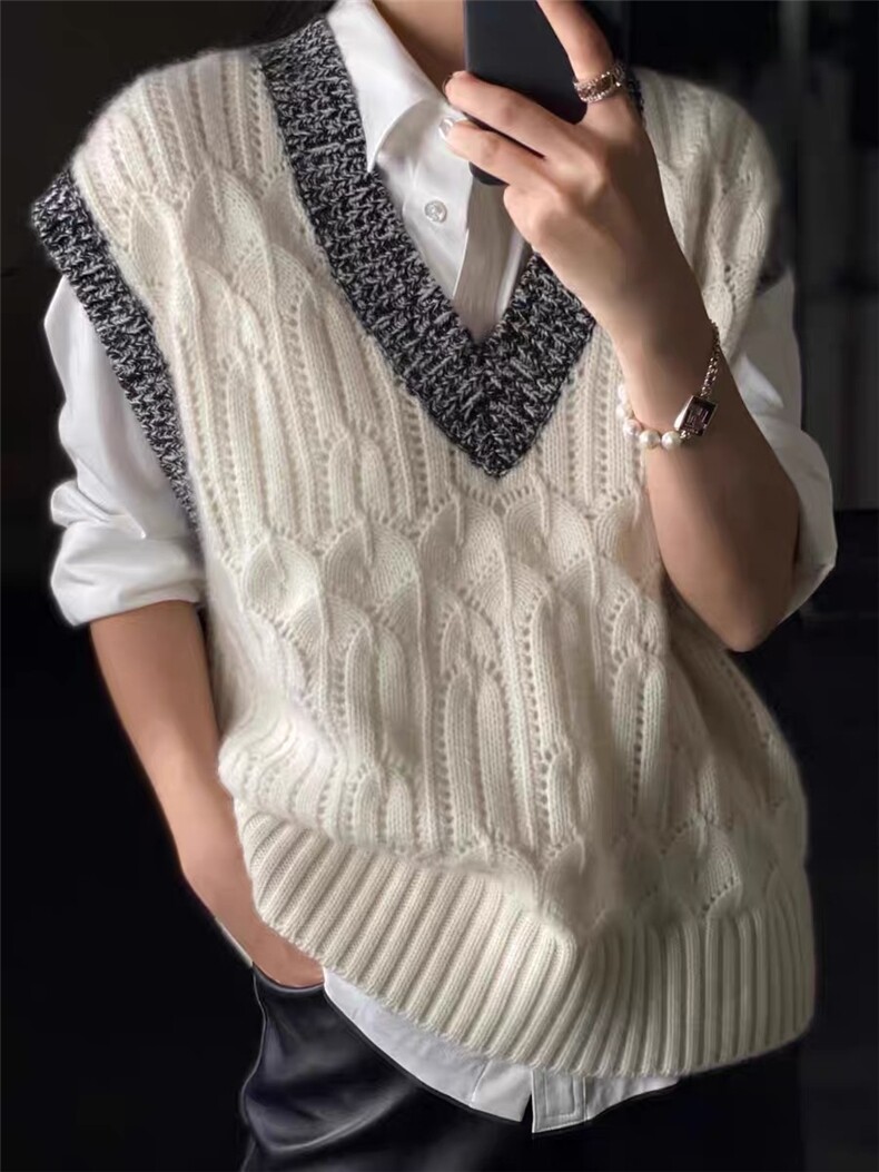 无袖针织开衫女春秋新款时尚V领显瘦背心外搭叠穿上衣,女装马甲,思途羊绒