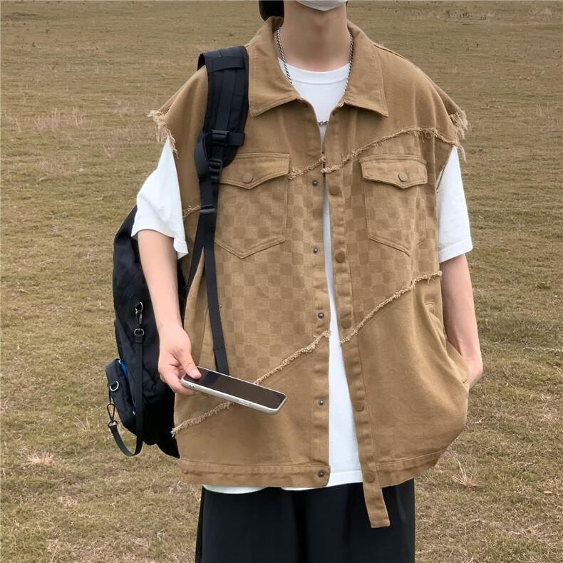 拼接格子牛仔马甲男高街潮牌宽松百搭背心外套8881P50,男装背心/马甲,星座410-2
