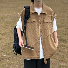 拼接格子牛仔马甲男高街潮牌宽松百搭背心外套8881P50，男装背心/马甲，星座410-2