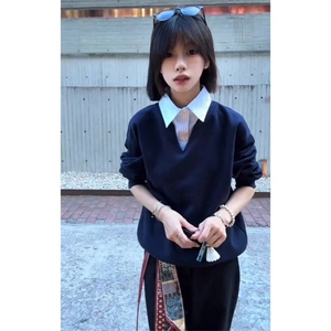 CIWORK2025年春季新款日系假两件中性ficheck卫衣男女款ins套头衫图片
