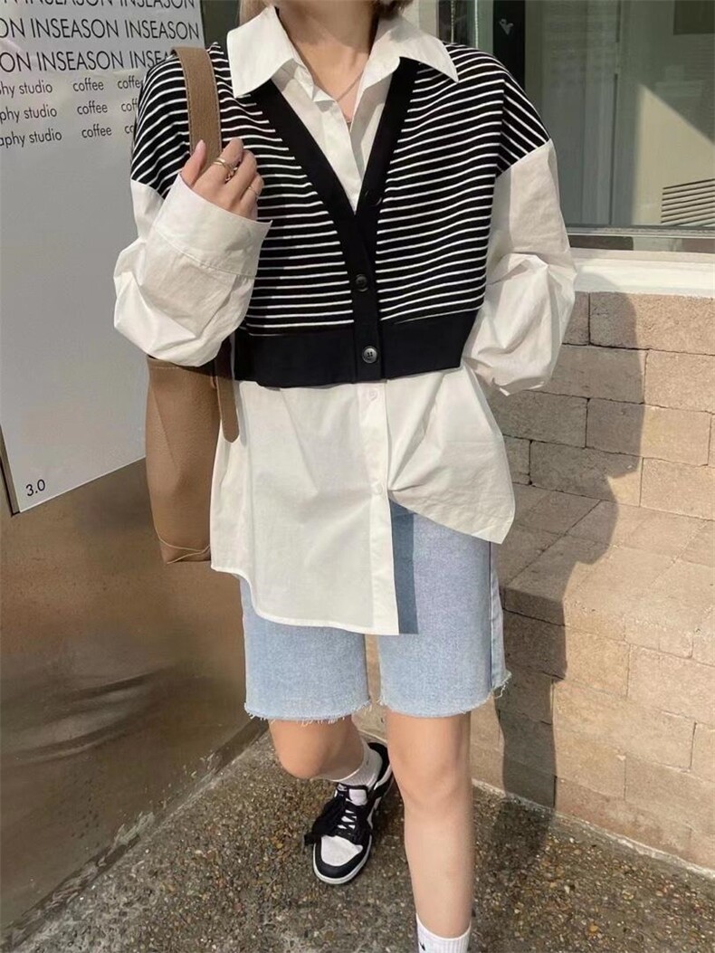 现货欧货春装新款条纹拼接衬衫，女装衬衫，AT(2F)