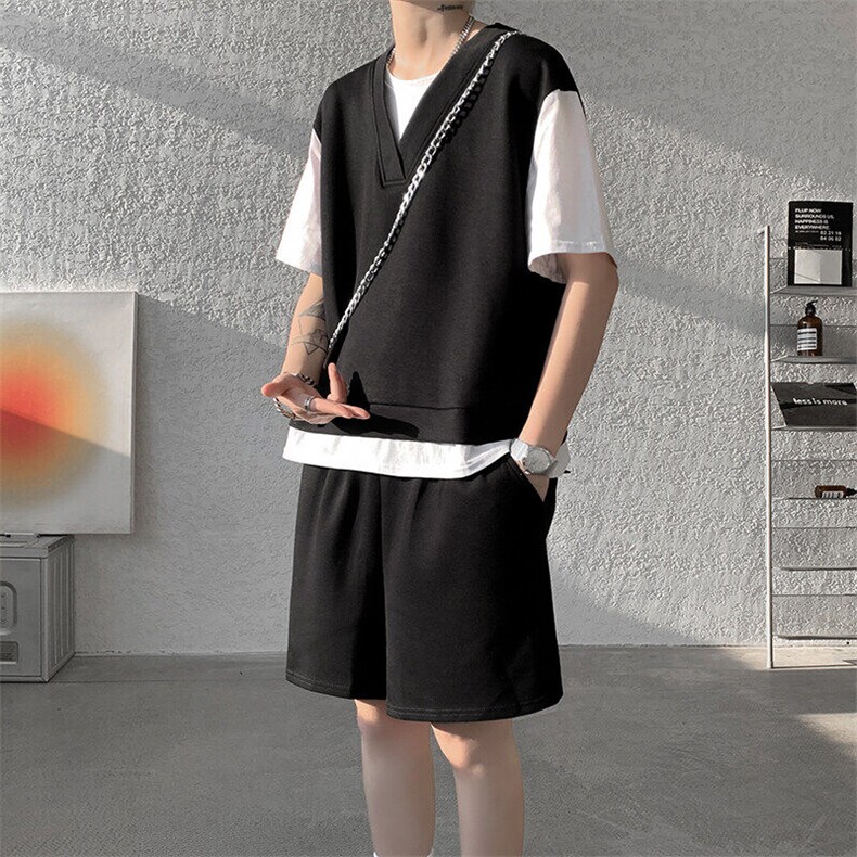 8XL-M高级感休闲运动套装男假两件短袖上衣阔腿裤短裤两件套TZ107,男装休闲套装,电商D206-1