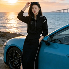 个性简约时尚减龄套装女春季新款连帽短款卫衣开叉半身长裙两件套，女装套装/套裙，江南