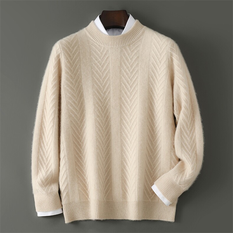 圆领加厚100%羊绒衫男麻花提花套头毛衣宽松大码纯色针织打底上衣，男装羊毛衫，千国羊绒