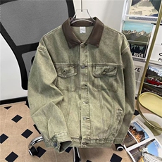 复古底特律工装牛仔外套男秋撞色翻领宽松潮牌休闲夹克HHE72P70，男装工装外套，星座1013-5