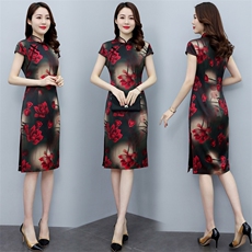 杭州丝绸高端品质弹力缎重磅真丝双层旗袍中长婚礼服连衣裙，女装汉服/婚纱/旗袍/礼服，媚琳依坊