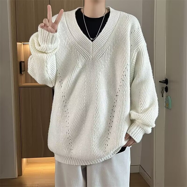v领针织衫毛衣卫衣男秋季美式宽松慵懒风上衣复古线衣外套 M5703图片