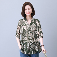 时尚宽松拼接印花镶钻短袖上衣显瘦百搭气质女装衬衫，女装衬衫，叶笙衣