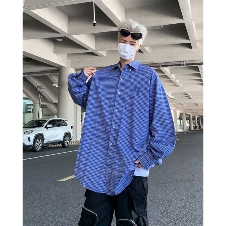 青少年刺绣格子慵懒长袖衬衫男女高级感百搭宽松衬衣外套C153,男装衬衫,星座1116A-1（原606A）