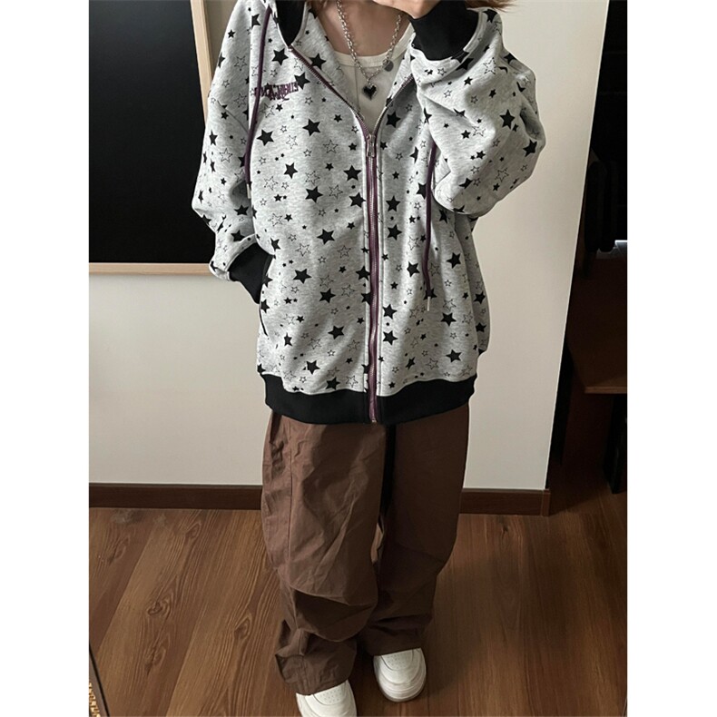 网图美式星星满印连帽华棉卫衣男女宽松拉链开衫外套A825-P52,女装短外套,星座1505