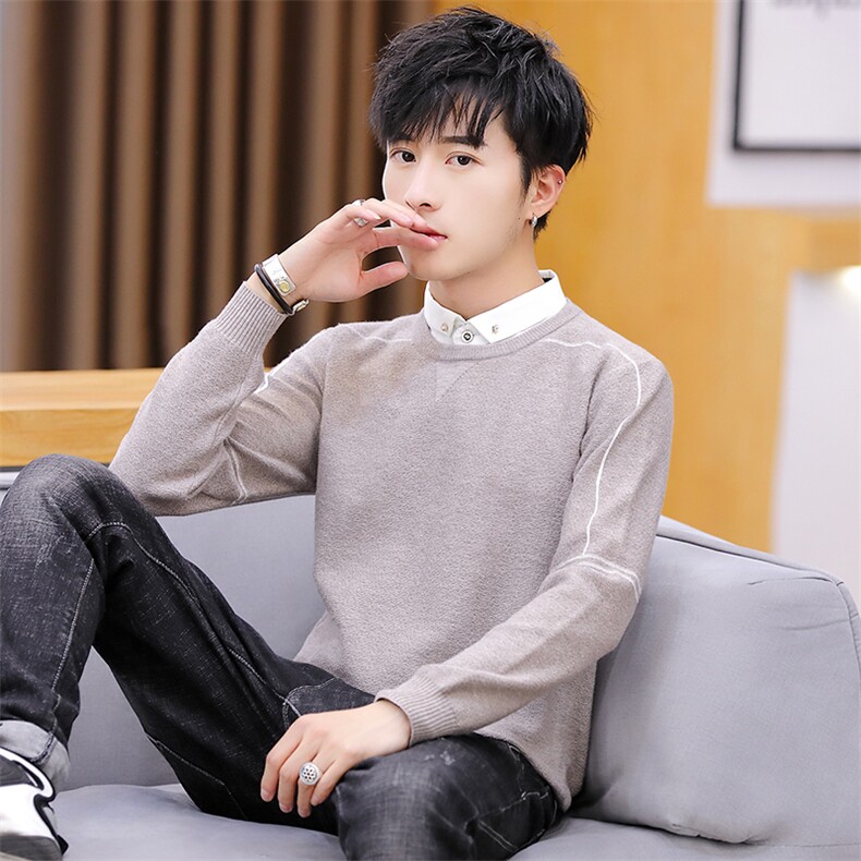 家乐6774衬衫领假两件男潮流针织线衫长袖薄圆领套头打底毛衣,男装针织衫/毛衣,电商D310（原电商305）