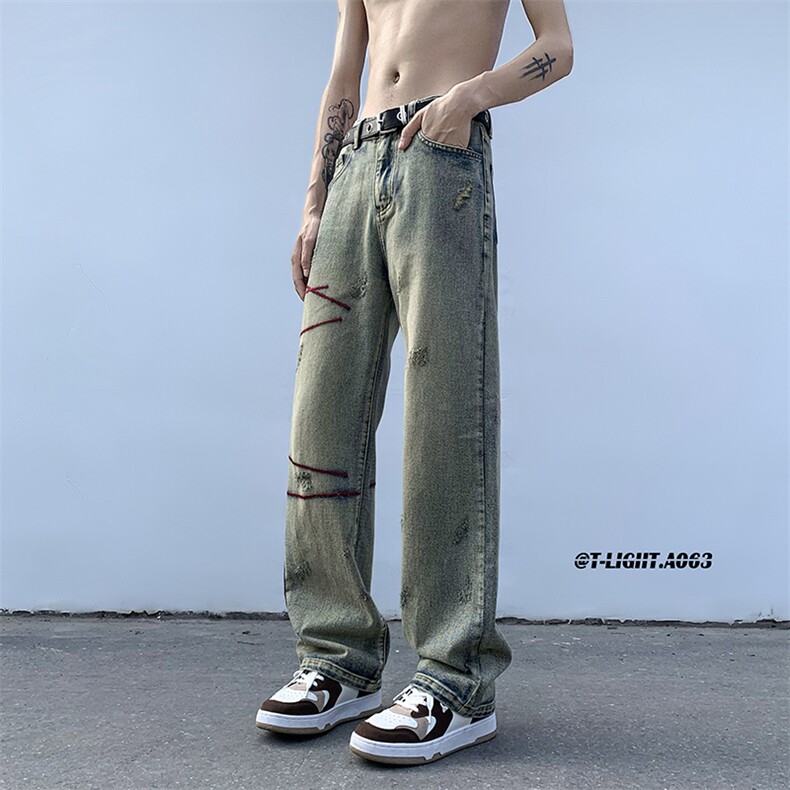 美式ins高街hiphop刺绣重工艺水洗直筒牛仔裤货号K689P55,男装牛仔裤,电商A063
