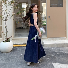 长裙挂脖夏季藏青色背心连衣裙夏季小黑裙复古显瘦连衣裙裙子长裙，女装连衣裙，2C029