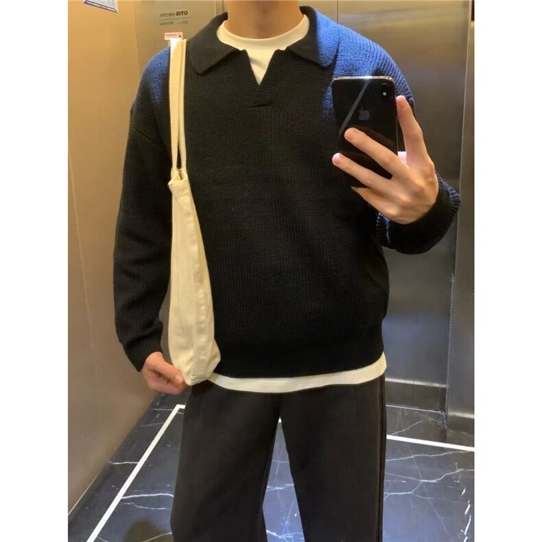 网图黑色polo领毛衣复古套头海鸥领针织衫慵懒风A025-TM15015-P50图片