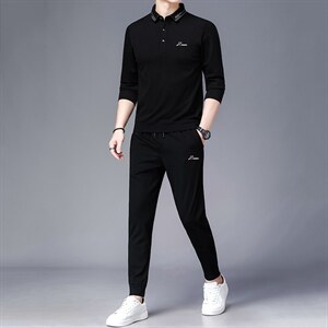 2023春秋季新款翻领长袖T恤上衣男套装中青年商务休闲男装两件套,男装休闲套装,电商B212（原钱塘6029）