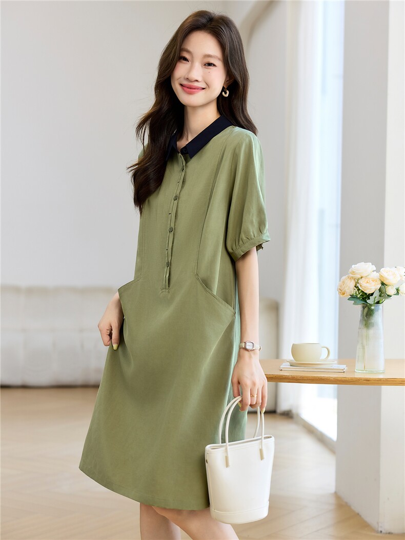 2025年夏季时尚撞色天丝亚麻半开休闲连衣裙,女装连衣裙,依恋蒂丝