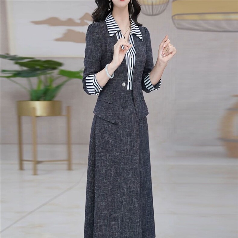 梦晚时尚西服套装裙女秋装2025新款显瘦干练条纹拼接连衣裙两件套,女装套装/套裙,超越