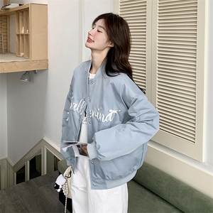 蓝色韩系chic别致字母刺绣棒球服女2025秋新款减龄蝴蝶结时尚外套图片
