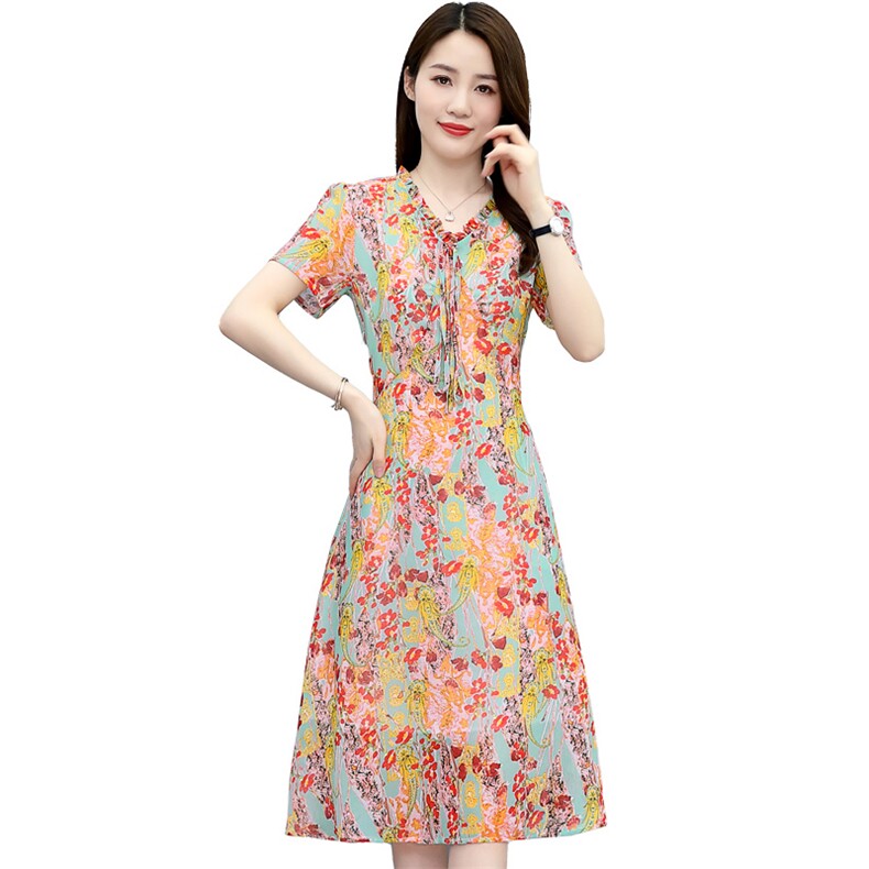2021年夏季新款雪纺连衣裙长款印花连衣裙,女装连衣裙,欣贝拉