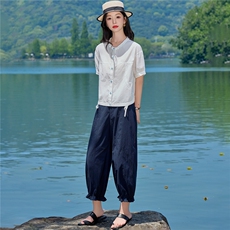 2026夏季新款薄款上衣女花边领气质休闲百搭衬衫套装女藏青直筒裤，女装套装/套裙，梦懿尔