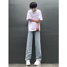 现货夏季显瘦破洞设计感宽松直筒高街薄款休闲牛仔裤K5802-特P35，男装牛仔裤，星座205
