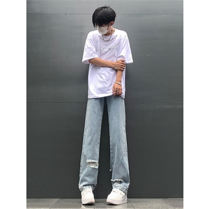 现货 夏季显瘦破洞设计感宽松直筒高街薄款休闲牛仔裤K5802-特P35图片