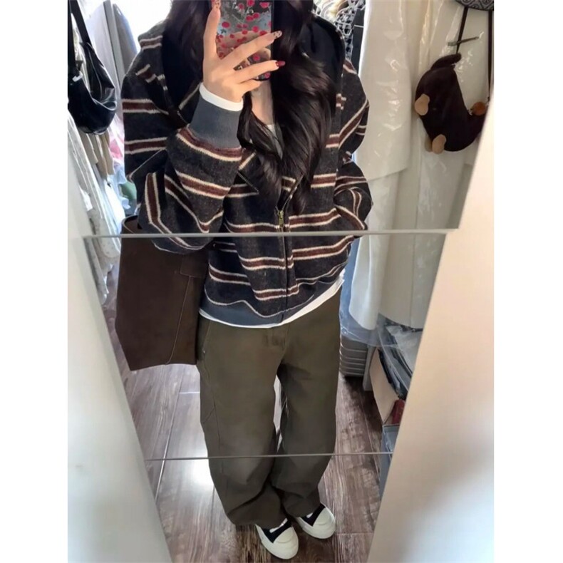 KK103-P75复古条纹拼色连帽拉链卫衣女春秋宽松开衫帽衫,男装卫衣,电商B323A