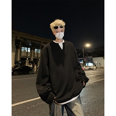 2024新美式假两件叠穿撞色套头卫衣宽松长袖t恤V领现货W8341-P32，男装卫衣，星座512-4