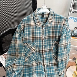DC037-P35美式复古格子长袖衬衫男女翻领宽松休闲百搭情侣衬衣图片