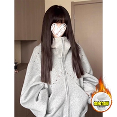 480G重磅加绒硬挺boxy男女秋冬美式高街卫衣铆钉拼接开衫厚外套，女装短外套，电商A486-1